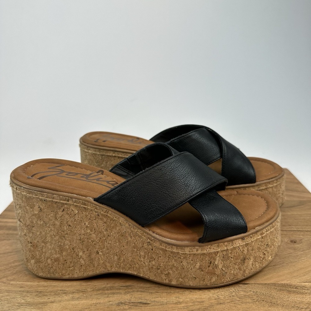 Womens Zodiac Nessa Faux Leather Cross Strap Cork Slip On Wedge Sandals Size 9 M